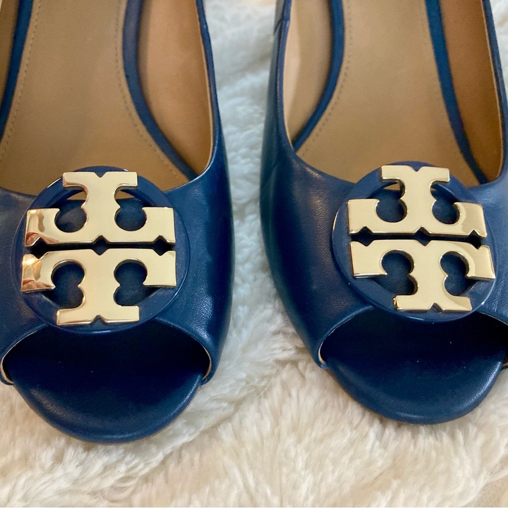 Tory Burch Navy Blue Peep-Toe Heels - Picture 3 of 7